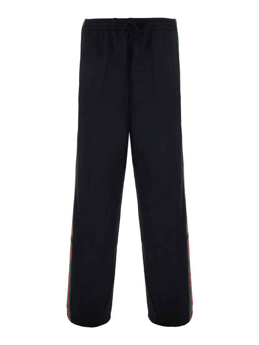Black pants with elasticated drawstring waist and Web detail on the side in cotton and silk for men