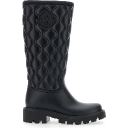 Black Knee-High Rain Boots with logo patch on the side and quilted design in plastic for women