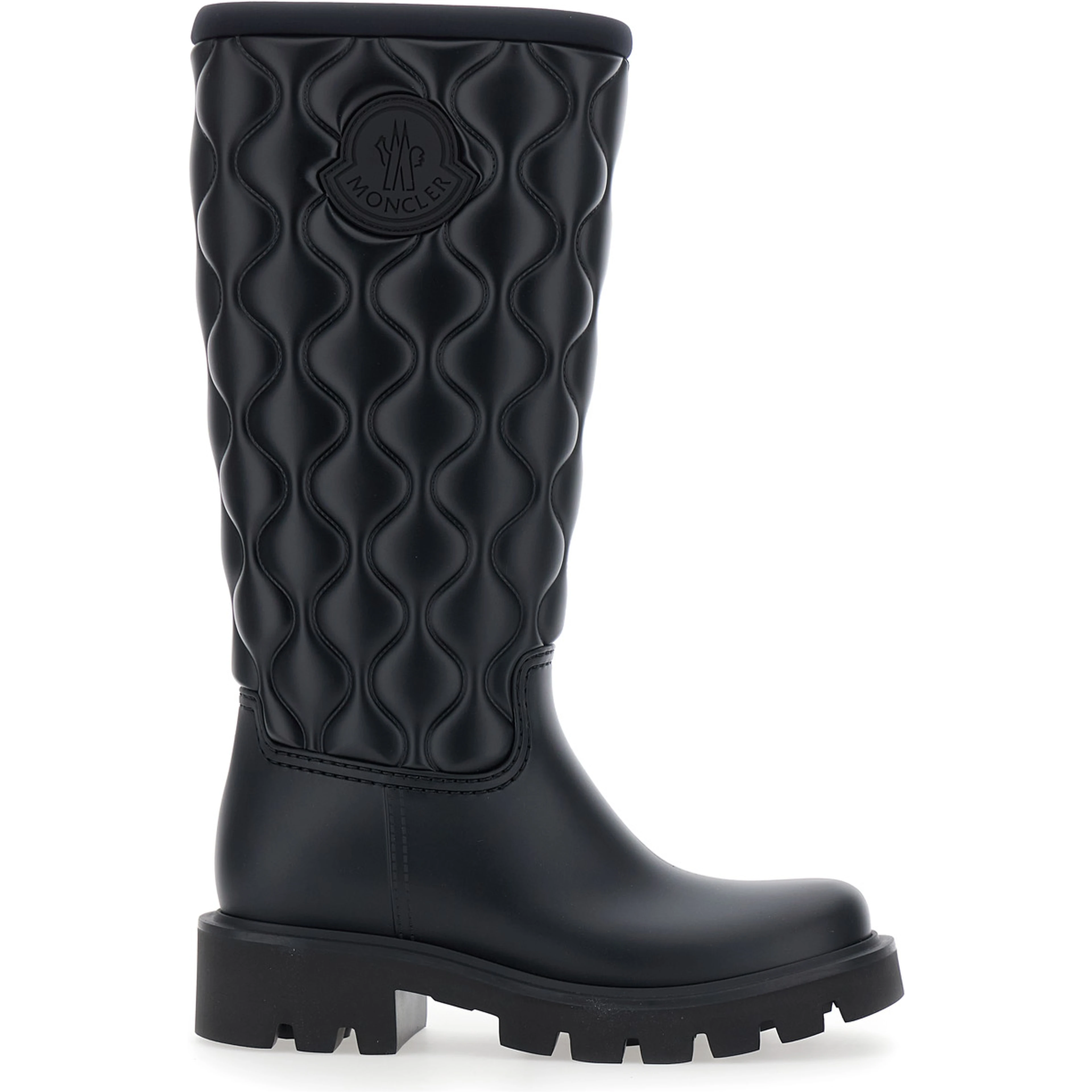Black Knee-High Rain Boots with logo patch on the side and quilted design in plastic for women