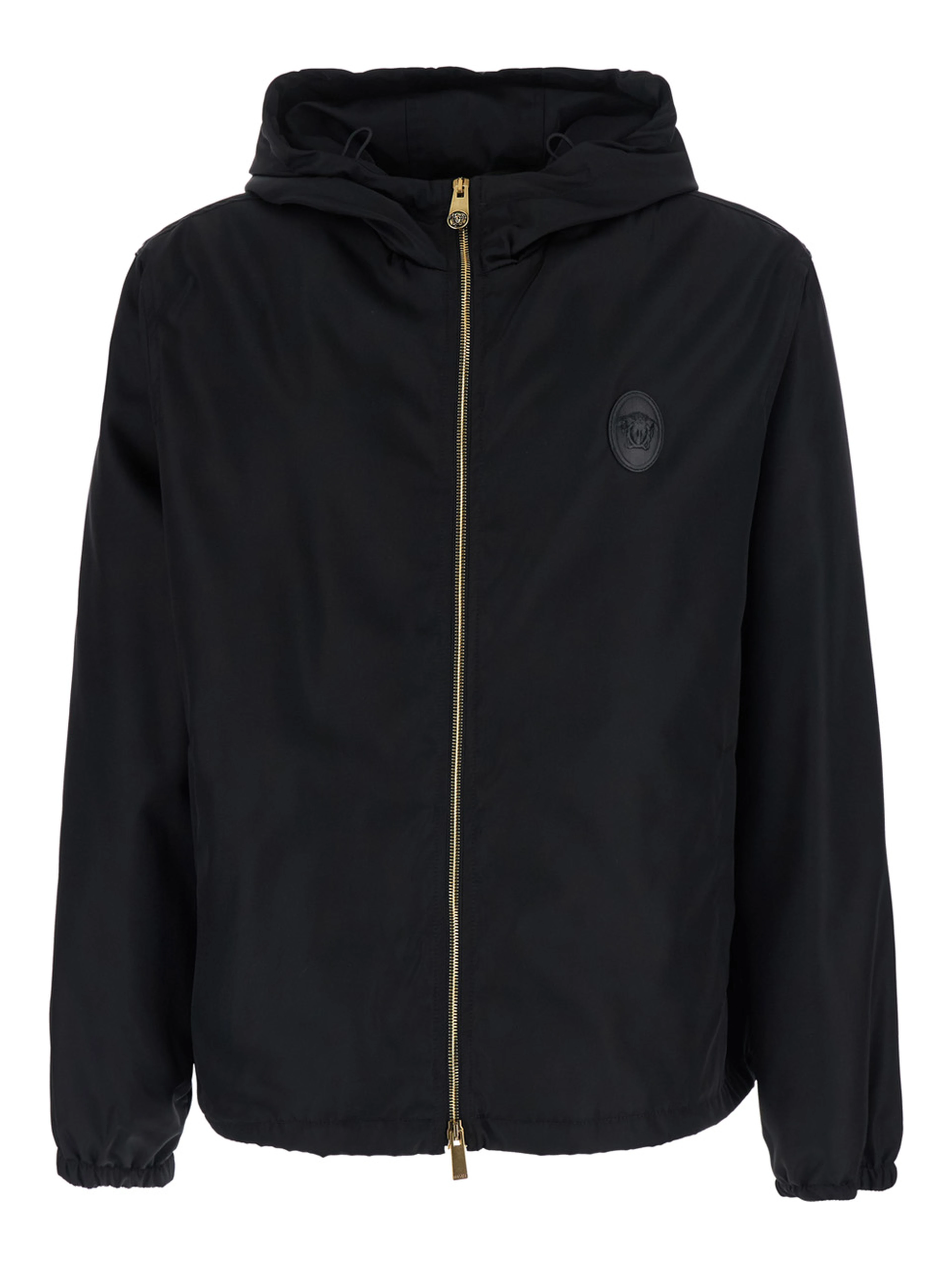 Black jacket with Medusa logo patch on the front in Tech Fabric men