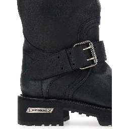 Venom Black Boots with adjustable buckle straps and logo plate on the side in leather for men