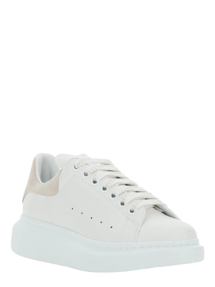 White Leather Low Top Sneakers with Contrast Heel and Logo Lettering for Women