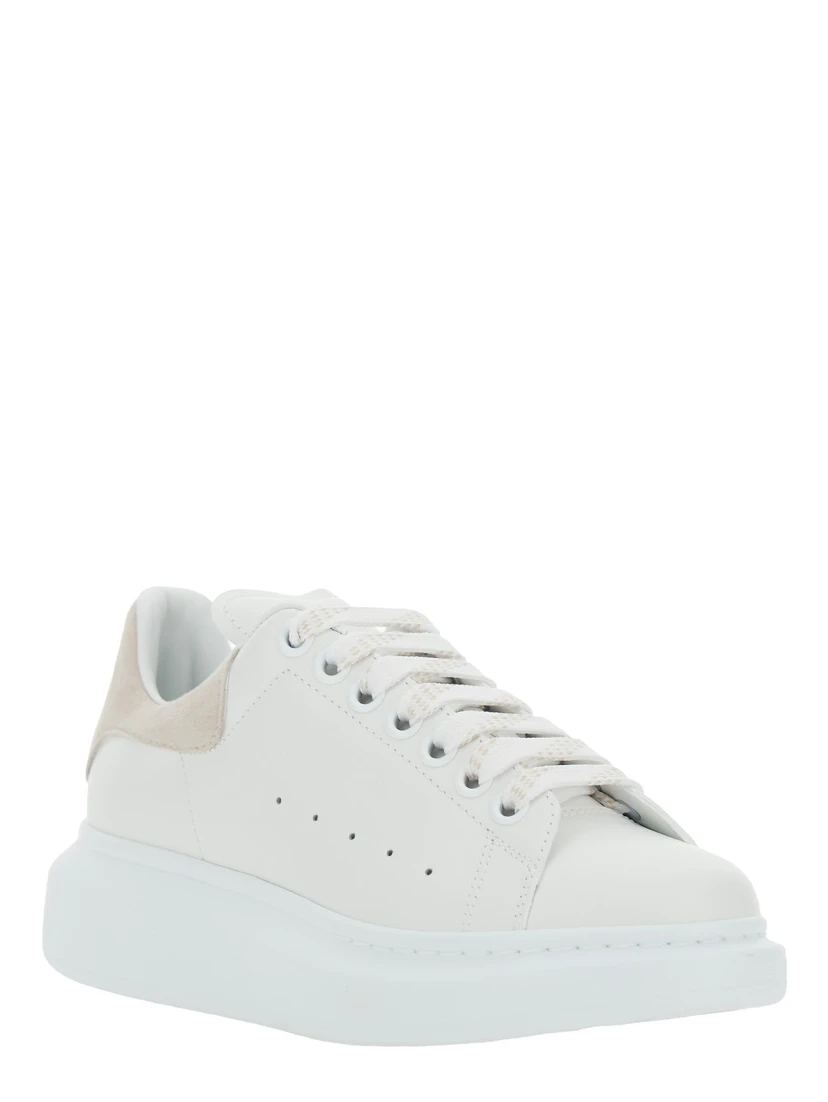 White Leather Low Top Sneakers with Contrast Heel and Logo Lettering for Women