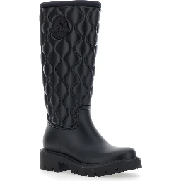 Black Knee-High Rain Boots with logo patch on the side and quilted design in plastic for women