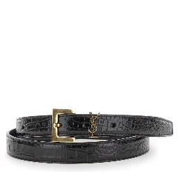 Thin Belt with Cassandre Detail in Black Crocodile-embossed Leather for Women