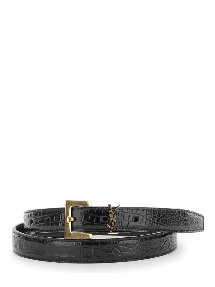 Thin Belt with Cassandre Detail in Black Crocodile-embossed Leather for Women