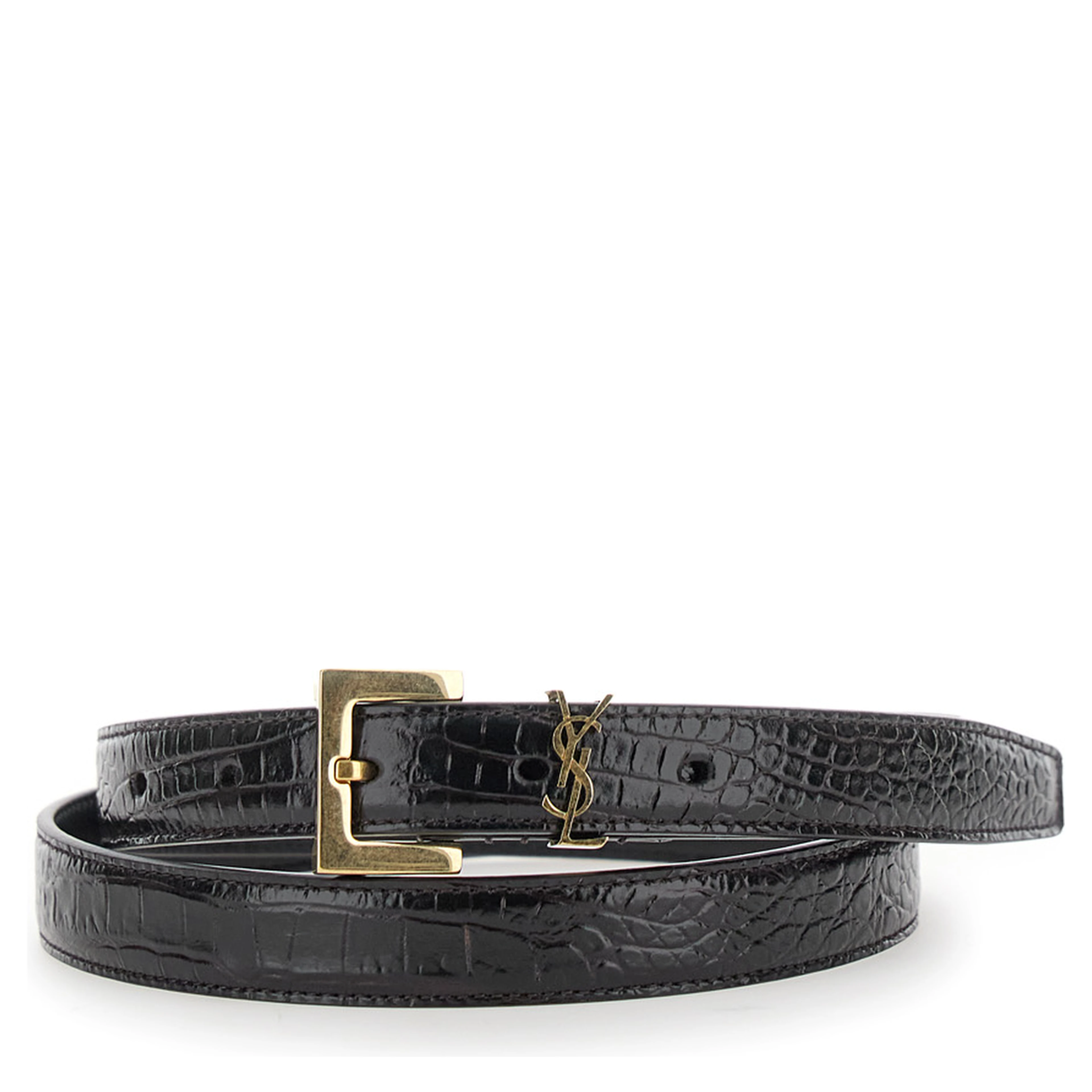 Thin Belt with Cassandre Detail in Black Crocodile-embossed Leather for Women