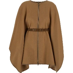 Beige Cape with adjustable belt on the front and logo patch on the sleeve in blend wool for women