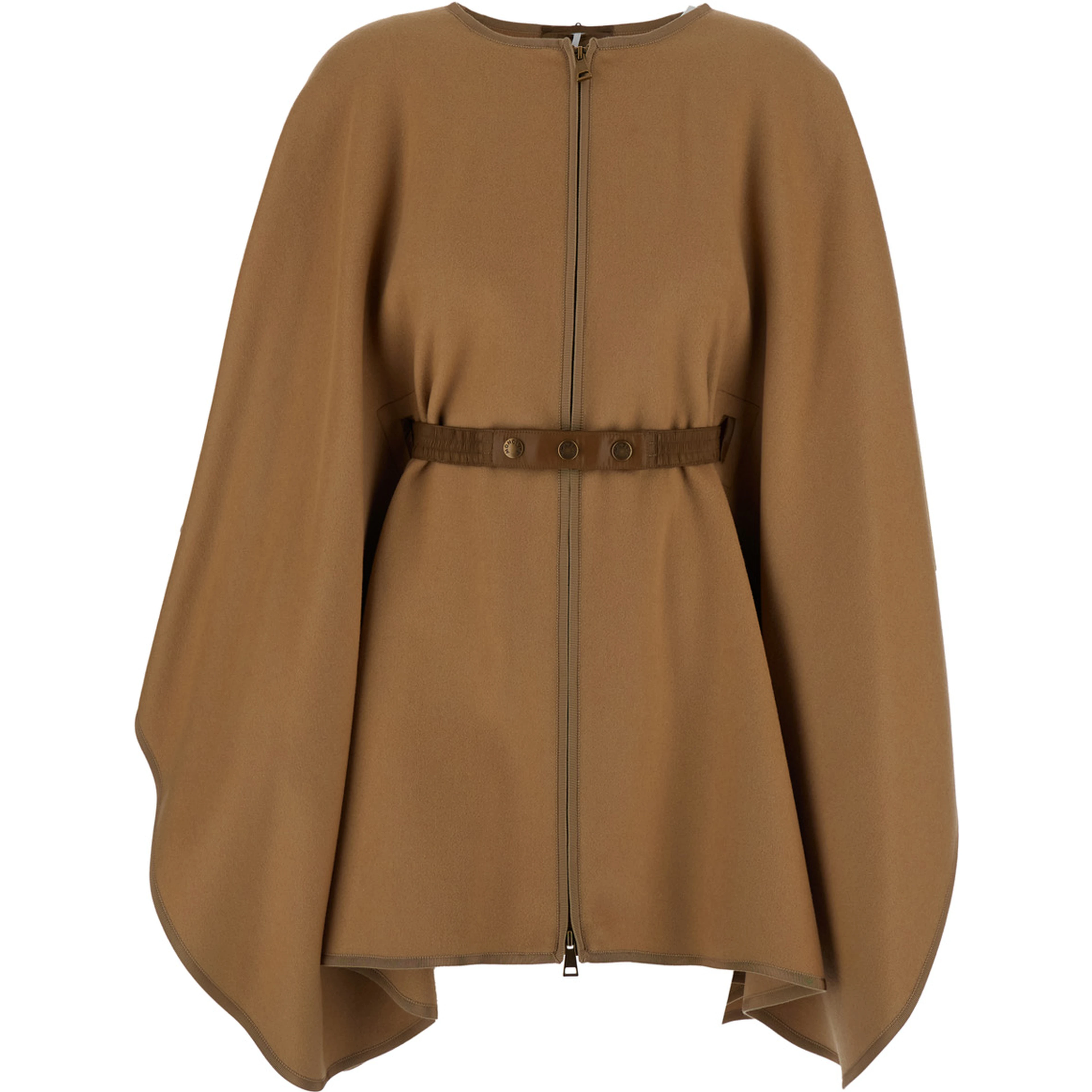 Beige Cape with adjustable belt on the front and logo patch on the sleeve in blend wool for women