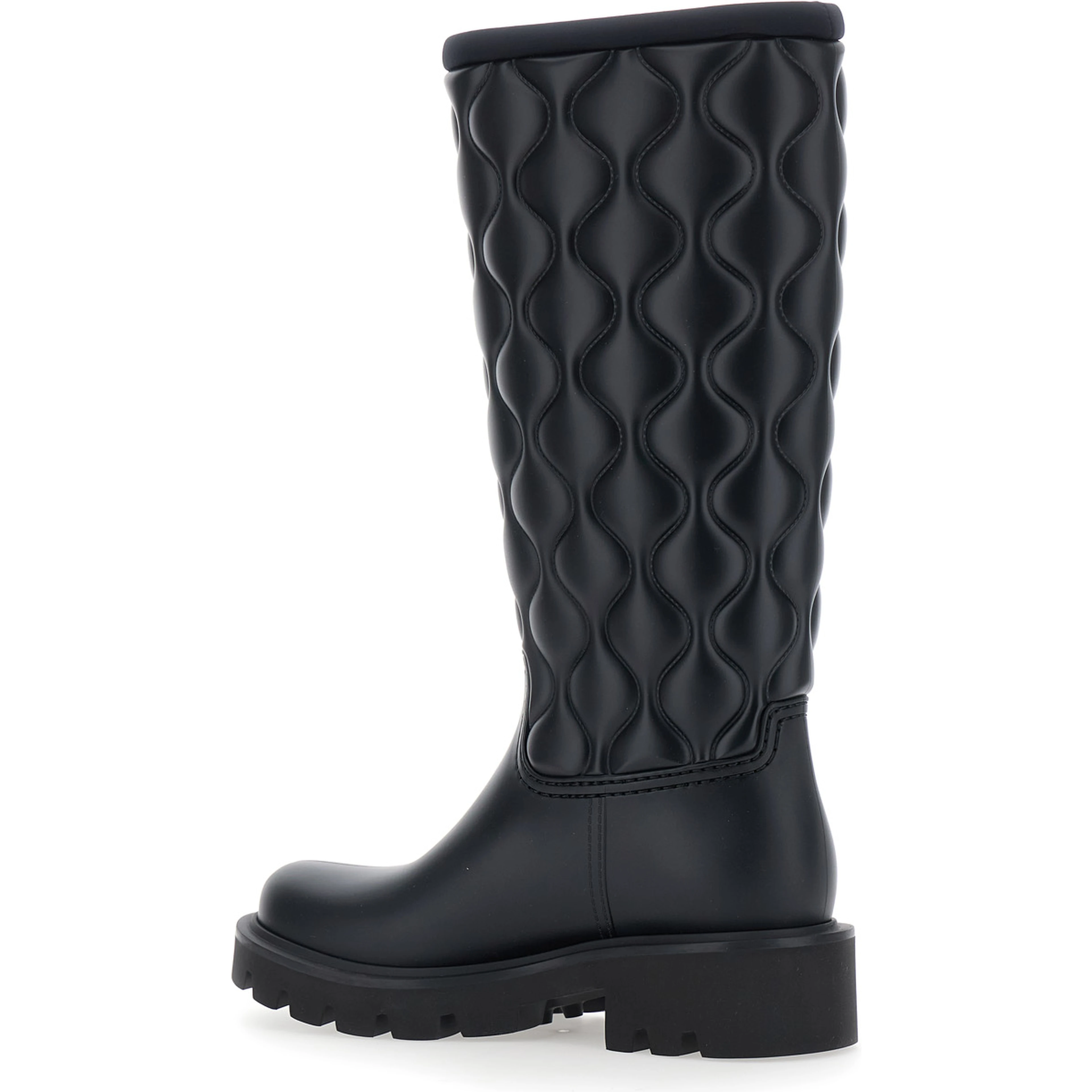 Black Knee-High Rain Boots with logo patch on the side and quilted design in plastic for women