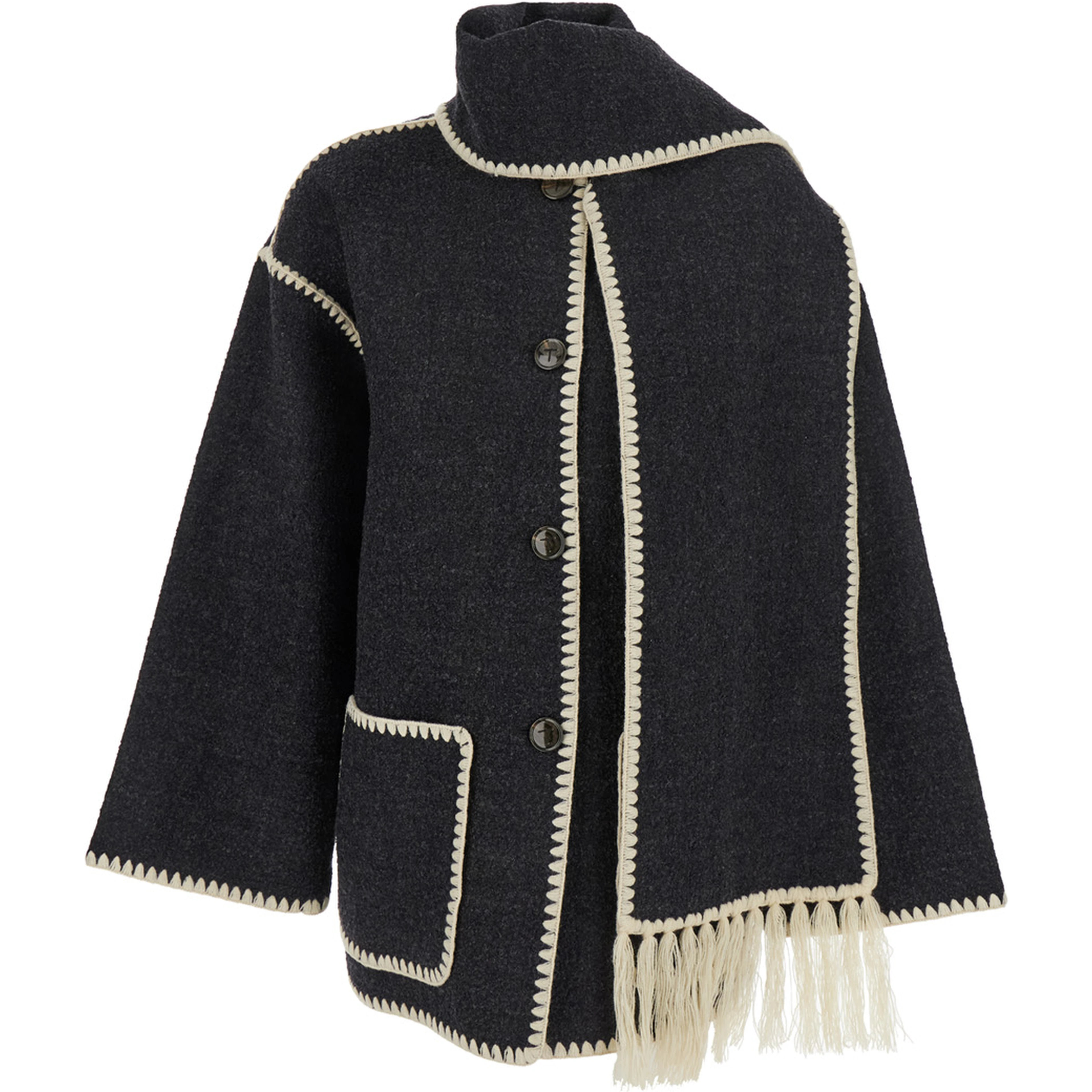 Jacket with Scarf Detail on the Front in Black Wool Blend for Women