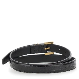 Thin Belt with Cassandre Detail in Black Crocodile-embossed Leather for Women