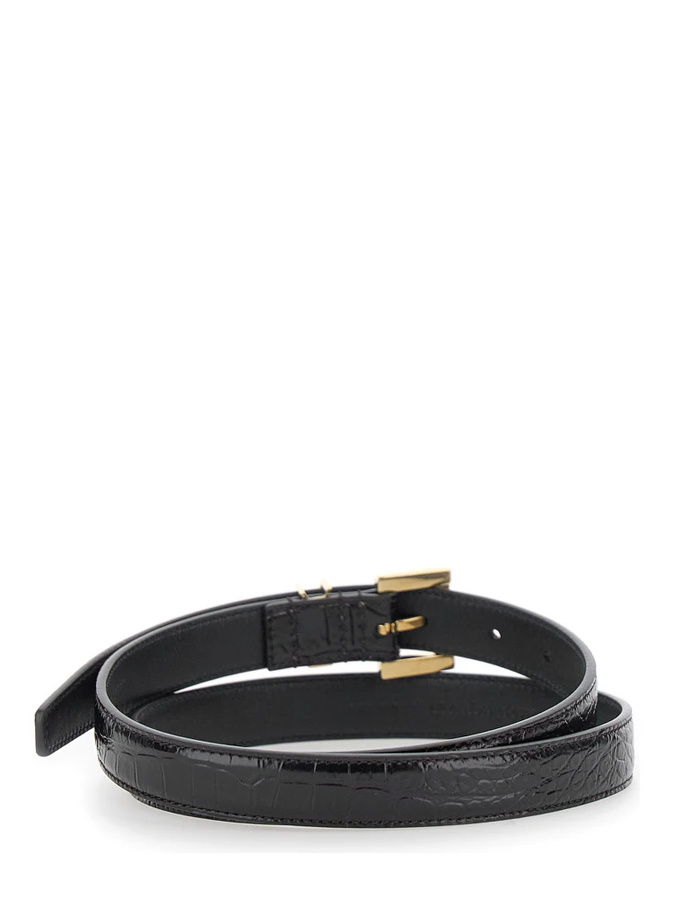Thin Belt with Cassandre Detail in Black Crocodile-embossed Leather for Women alternative