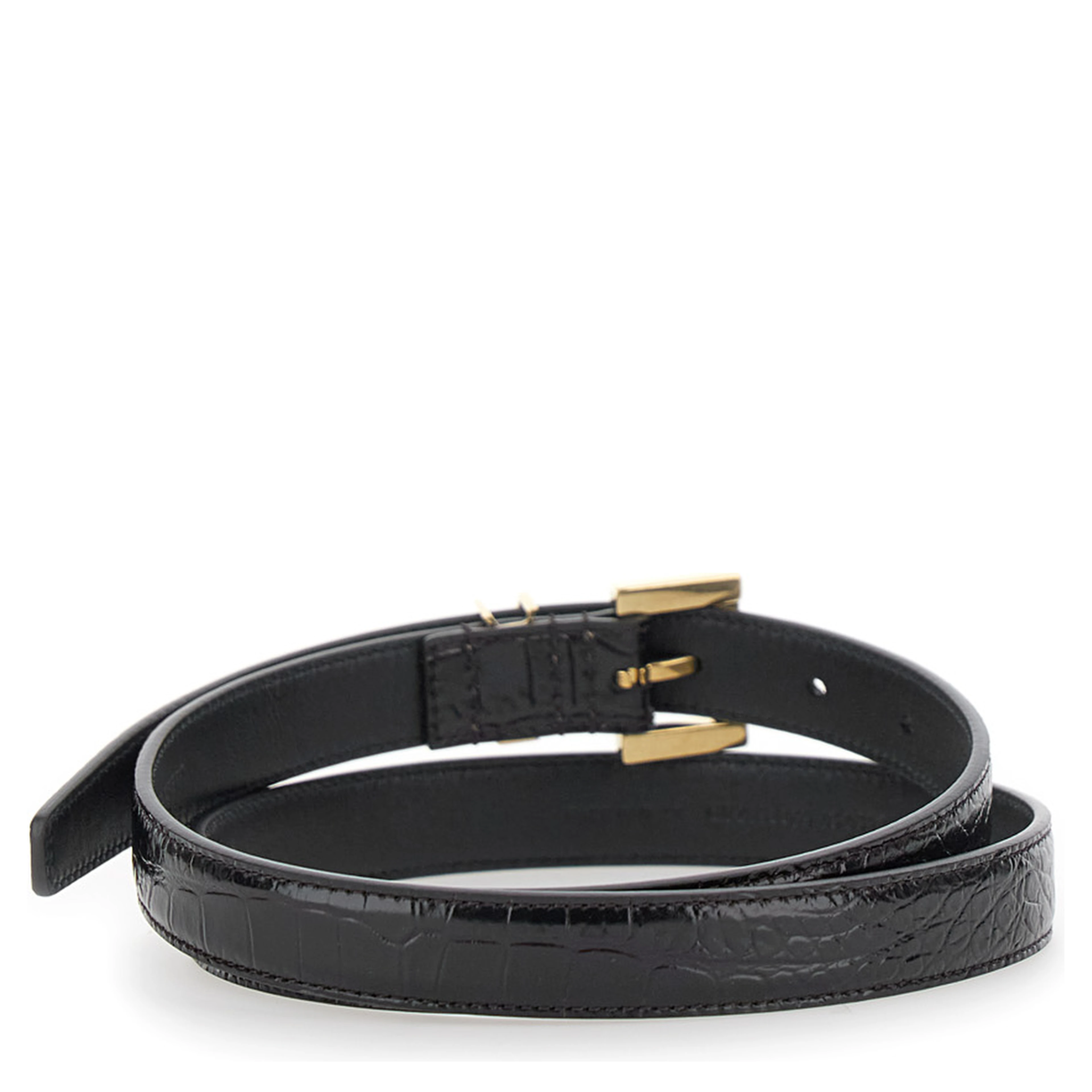 Thin Belt with Cassandre Detail in Black Crocodile-embossed Leather for Women