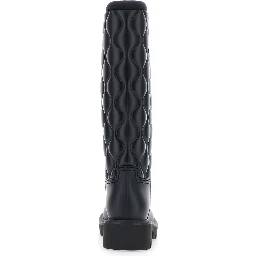 Black Knee-High Rain Boots with logo patch on the side and quilted design in plastic for women