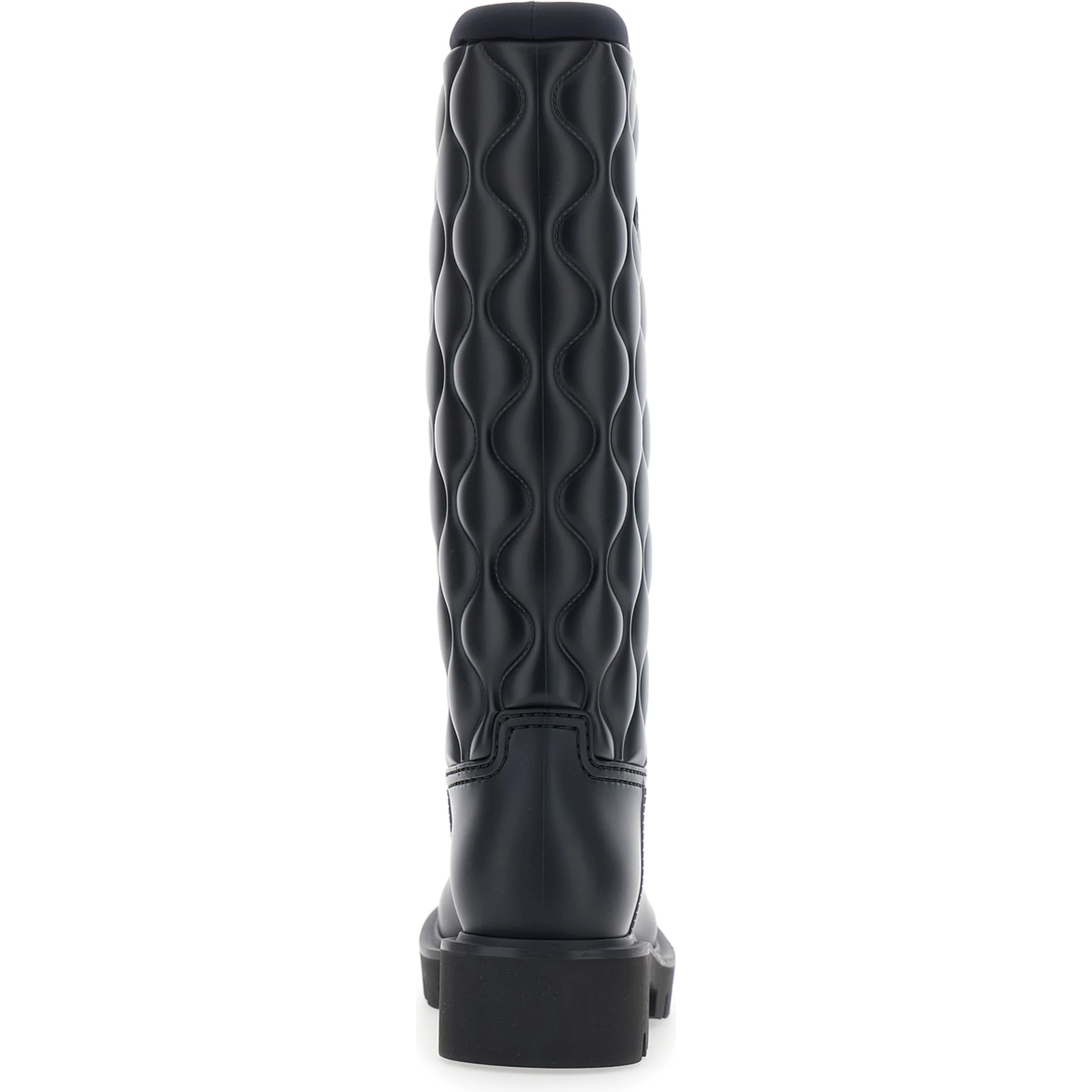 Black Knee-High Rain Boots with logo patch on the side and quilted design in plastic for women