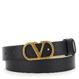 Reversible Belt with VLogo Buckle in Black Leather for Women
