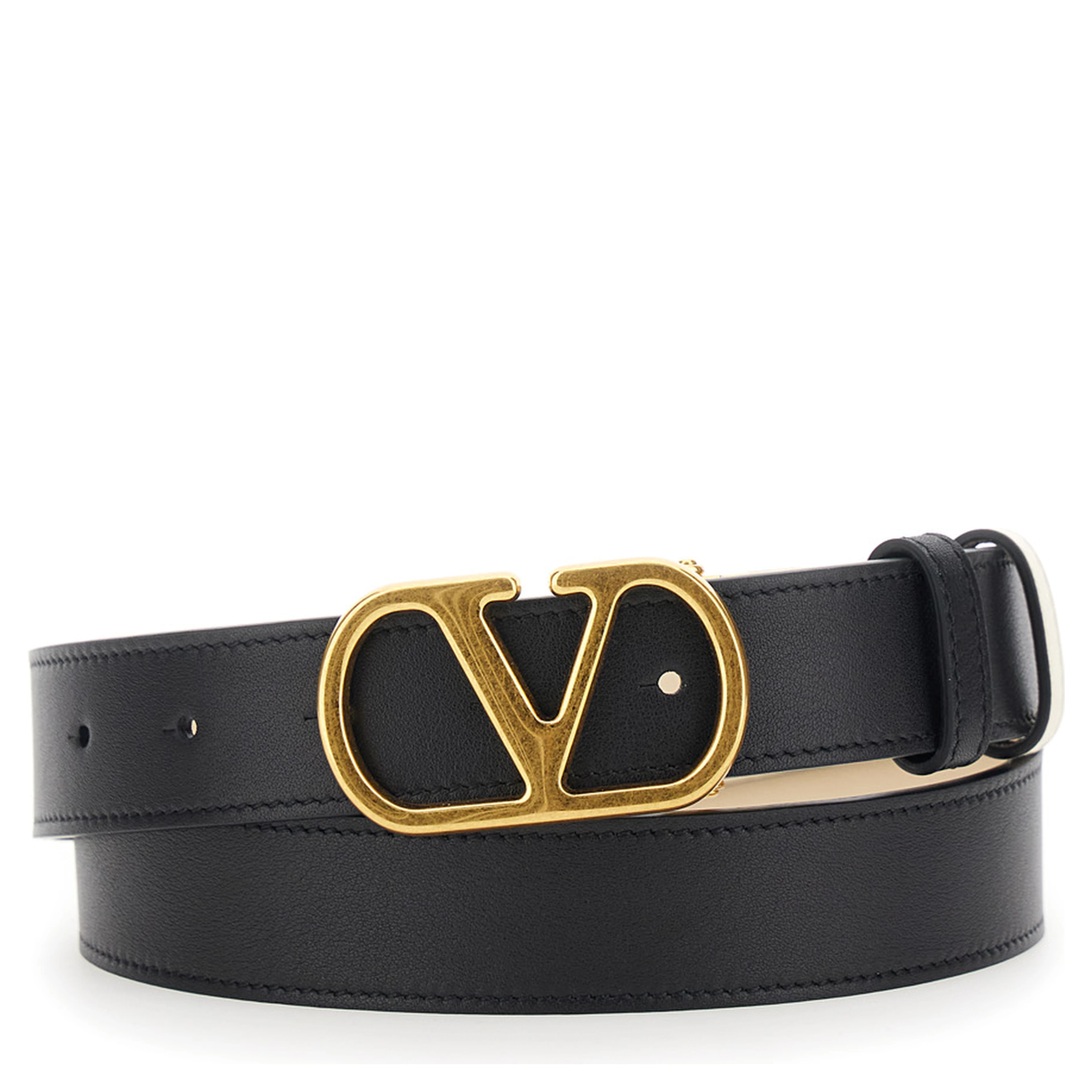 Reversible Belt with VLogo Buckle in Black Leather for Women
