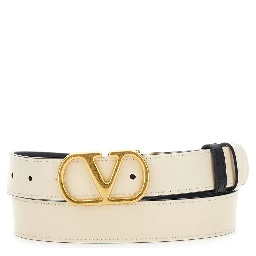 Reversible Belt with VLogo Buckle in Black Leather for Women