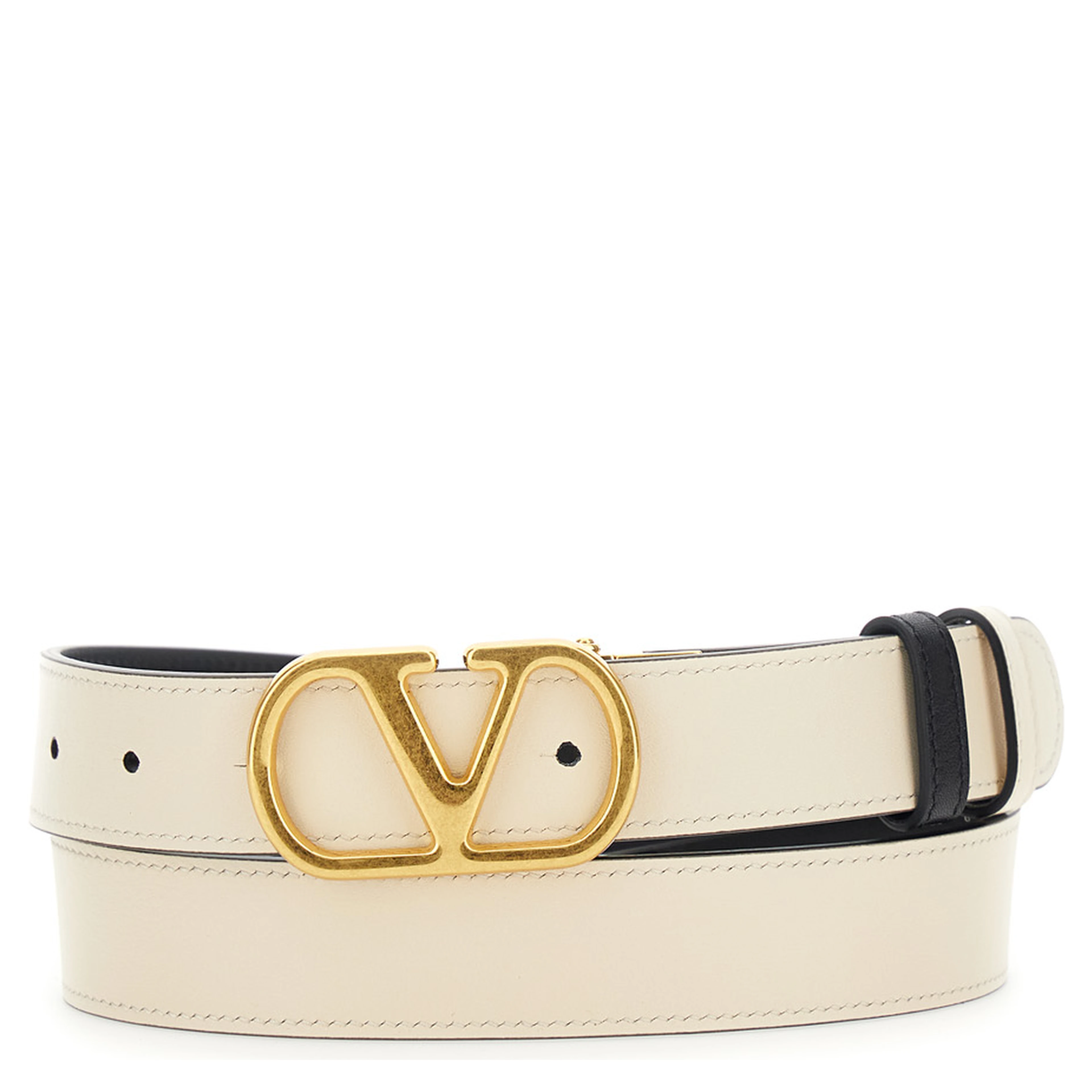 Reversible Belt with VLogo Buckle in Black Leather for Women