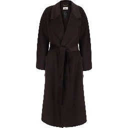 Brown Coat with wide notched revers and front belt in wool for women