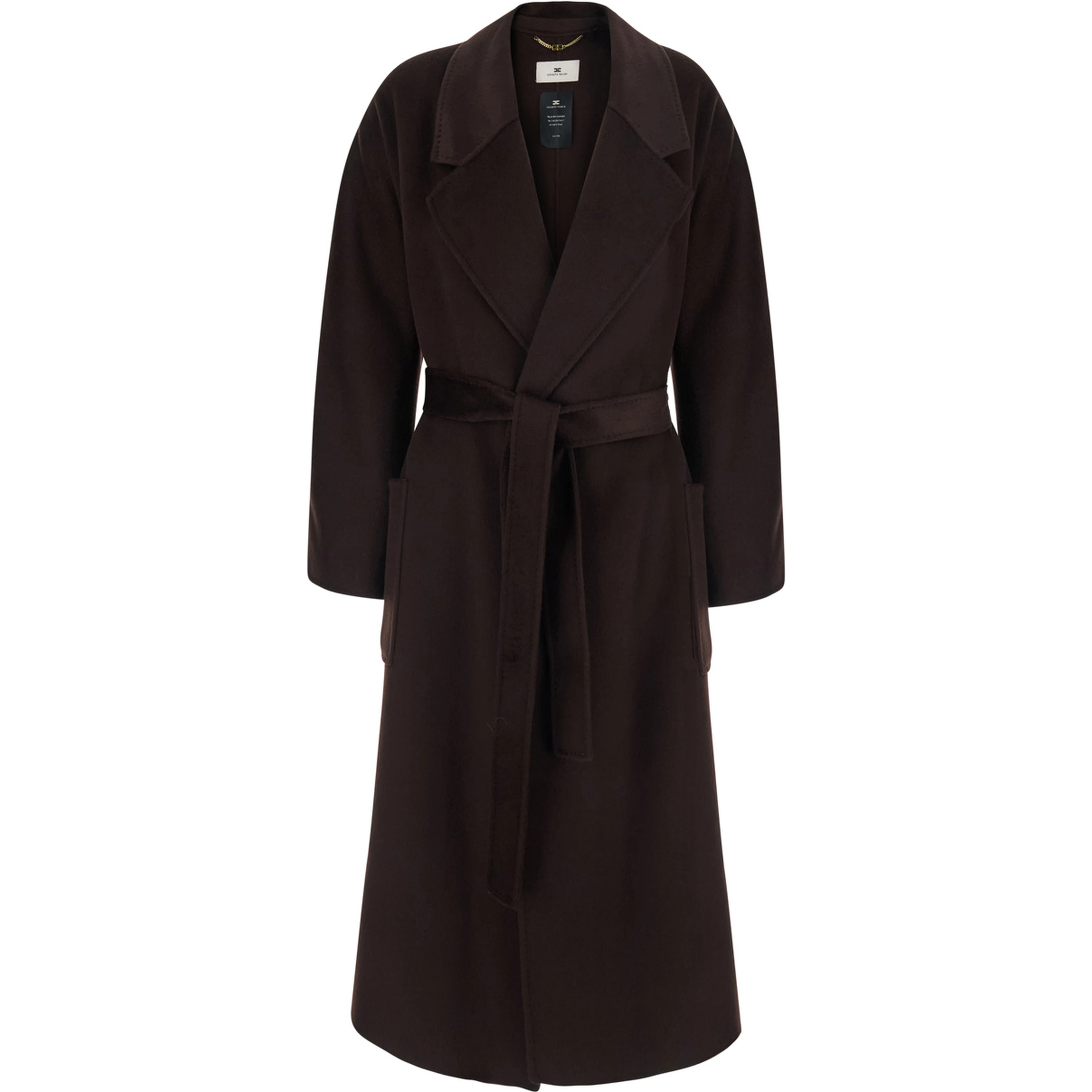 Brown Coat with wide notched revers and front belt in wool for women