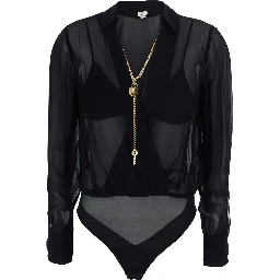 Black Bodysuit with deep V-neck and chain detail on the front in viscose for women