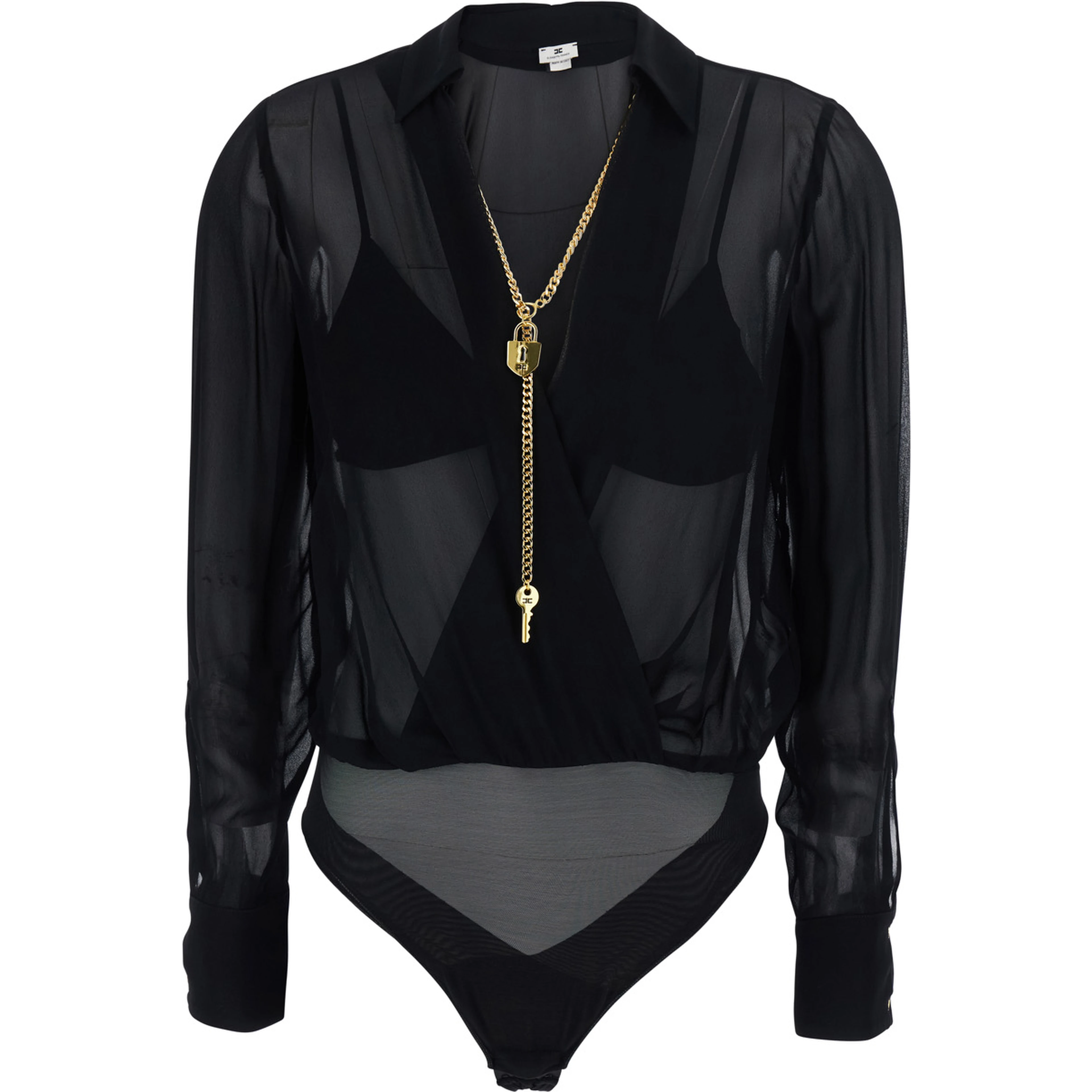 Black Bodysuit with deep V-neck and chain detail on the front in viscose for women