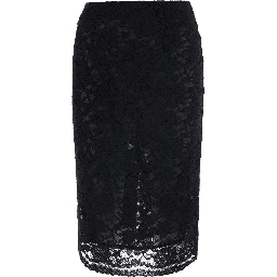 Black Pencil Skirt with All-Over Lace Embroidery in Fabric for Women