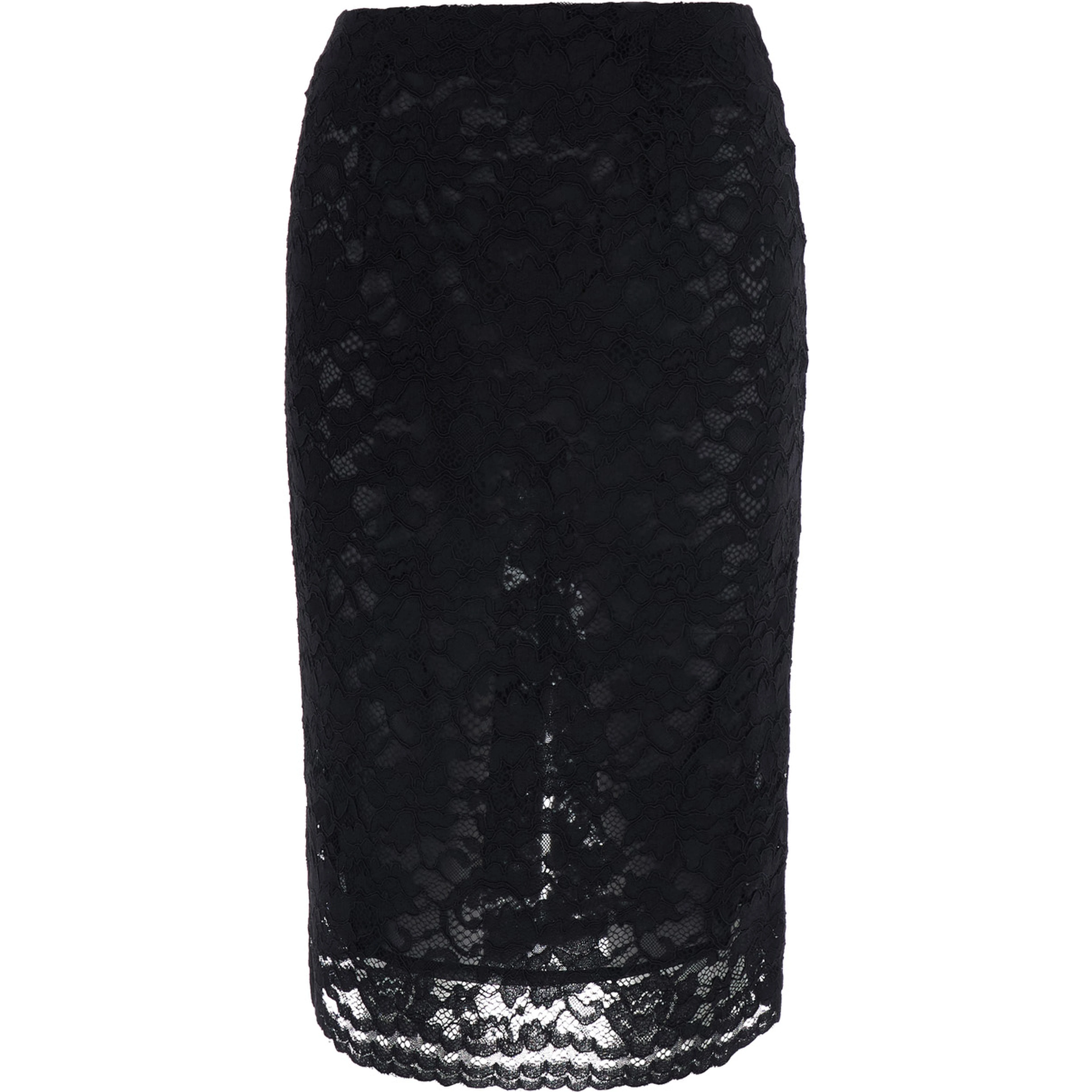 Black Pencil Skirt with All-Over Lace Embroidery in Fabric for Women