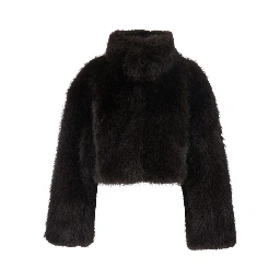Brown fur jacket with crop design and high collar in faux-fur for women