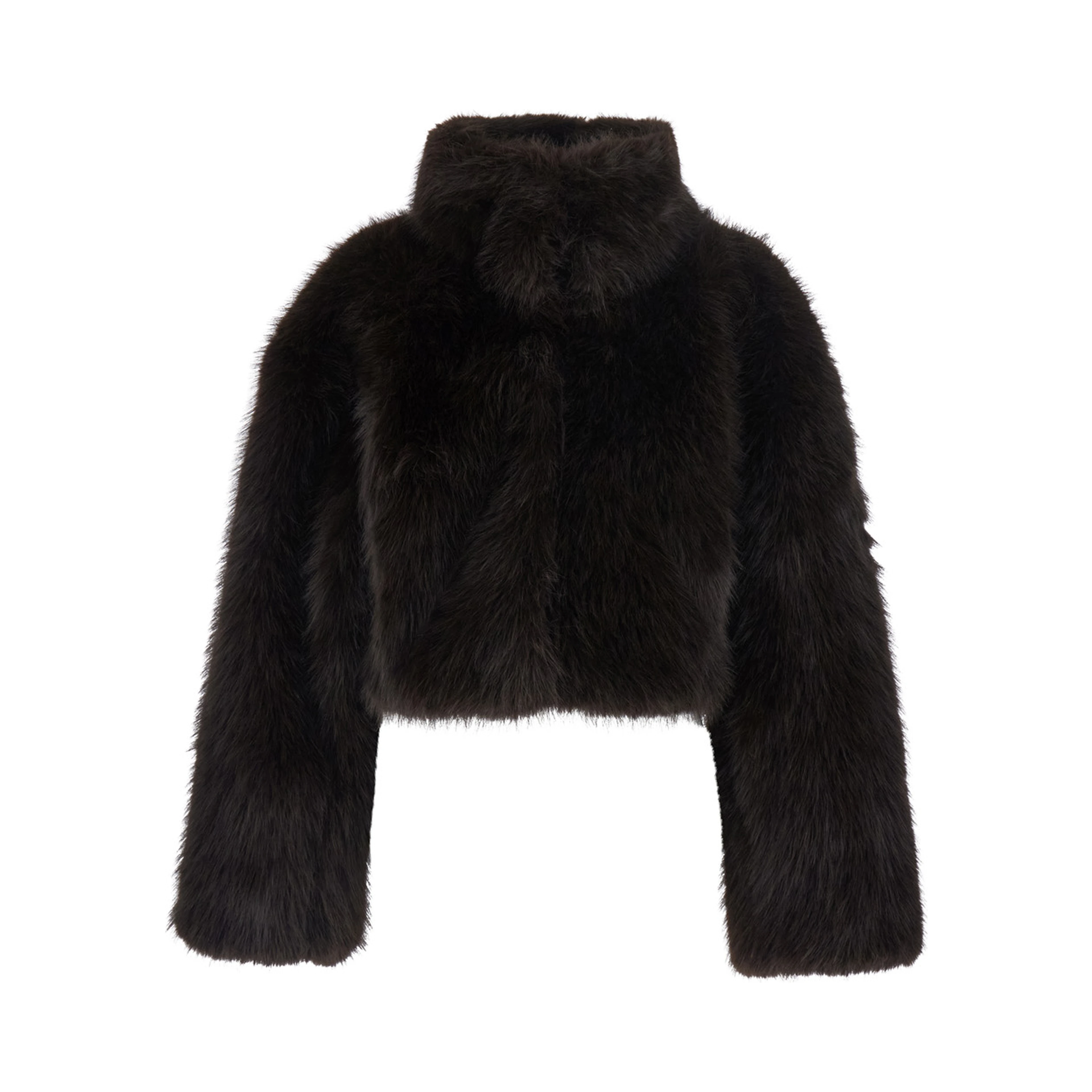 Brown fur jacket with crop design and high collar in faux-fur for women