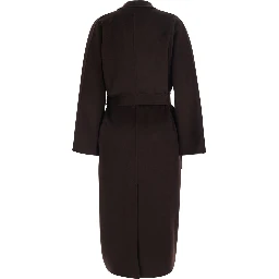 Brown Coat with wide notched revers and front belt in wool for women