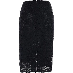 Black Pencil Skirt with All-Over Lace Embroidery in Fabric for Women
