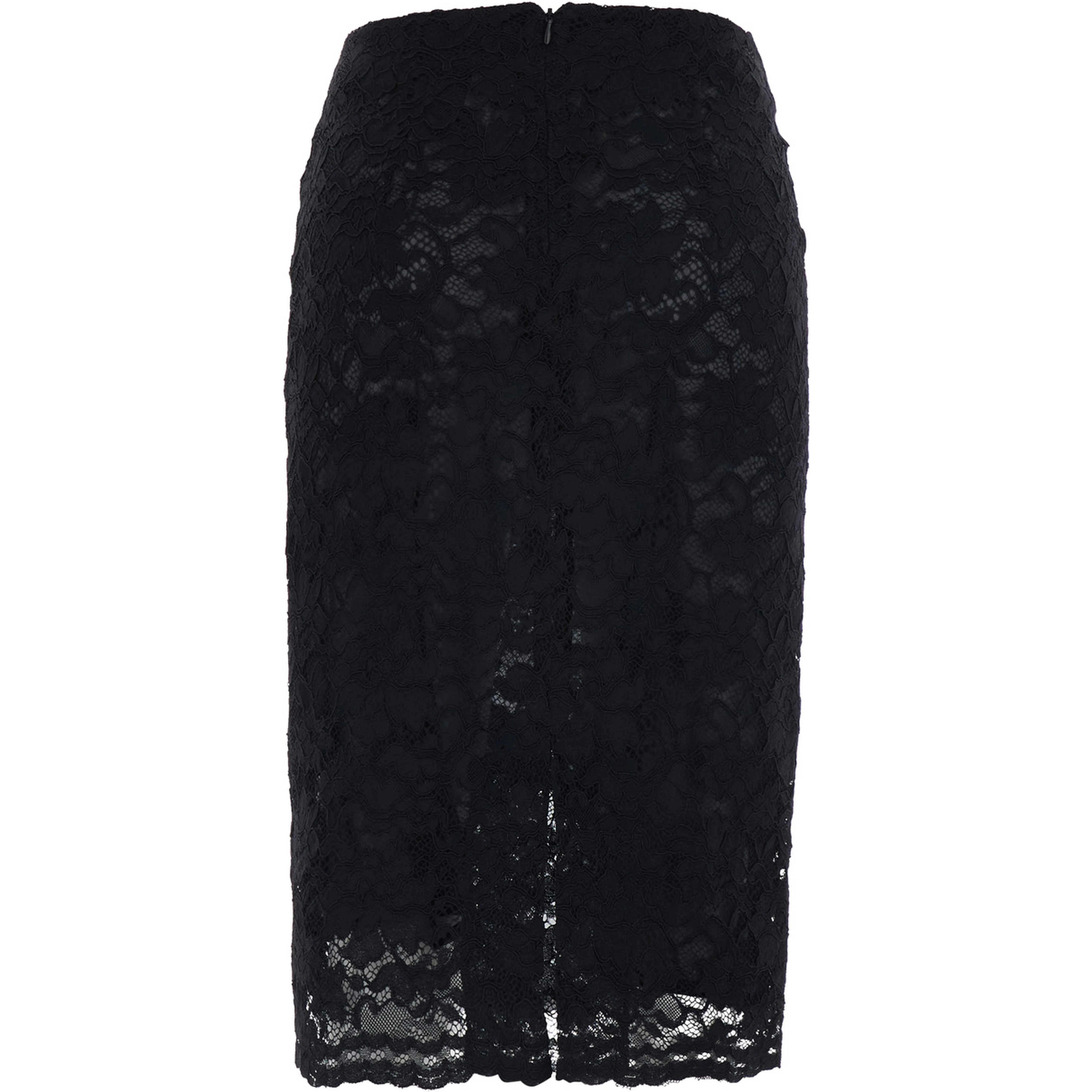 Black Pencil Skirt with All-Over Lace Embroidery in Fabric for Women
