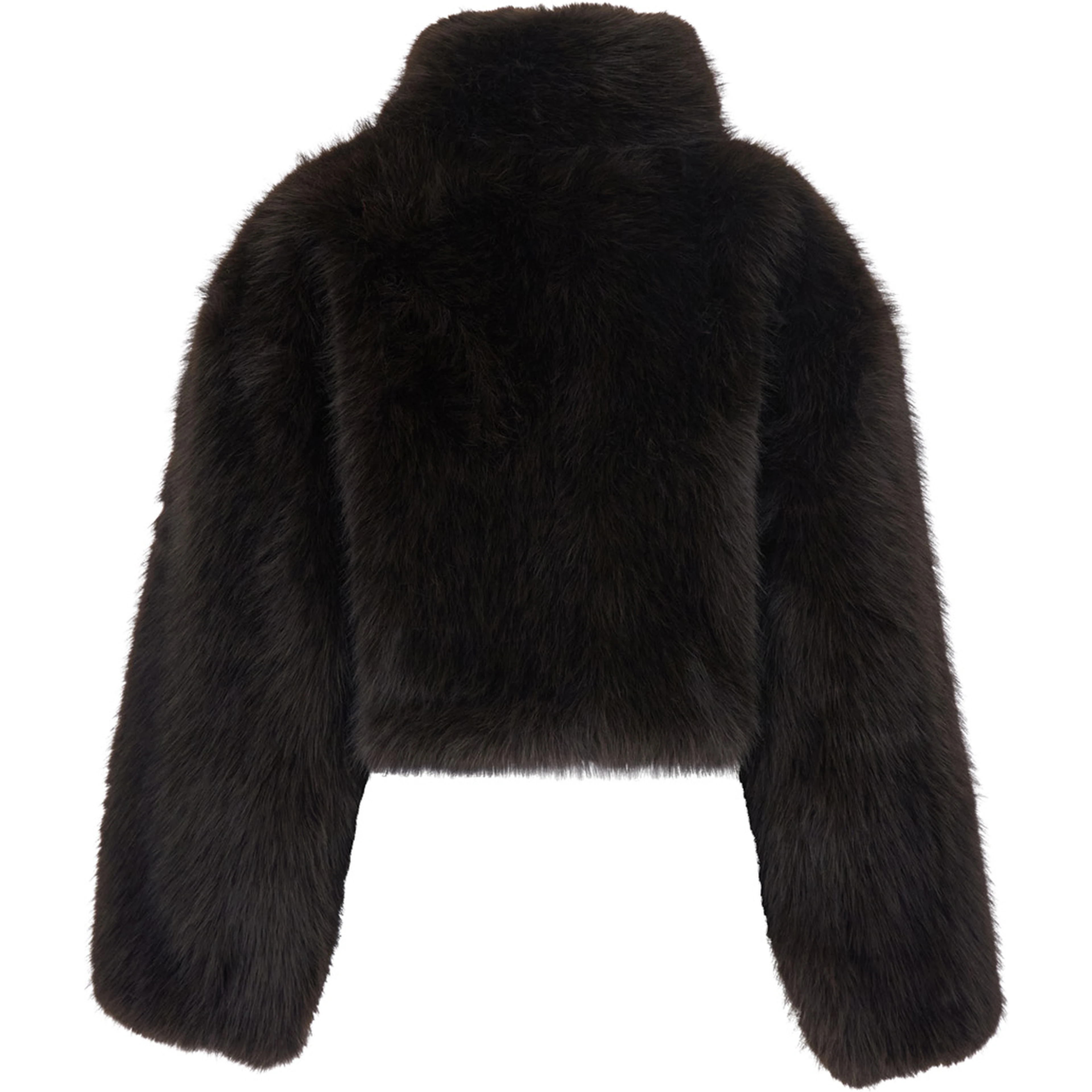 Brown fur jacket with crop design and high collar in faux-fur for women