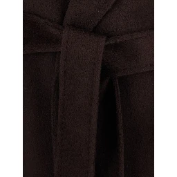 Brown Coat with wide notched revers and front belt in wool for women