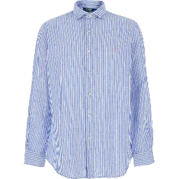 Shirt with all-over striped motif and Pony embroidery on the front in blue linen for men