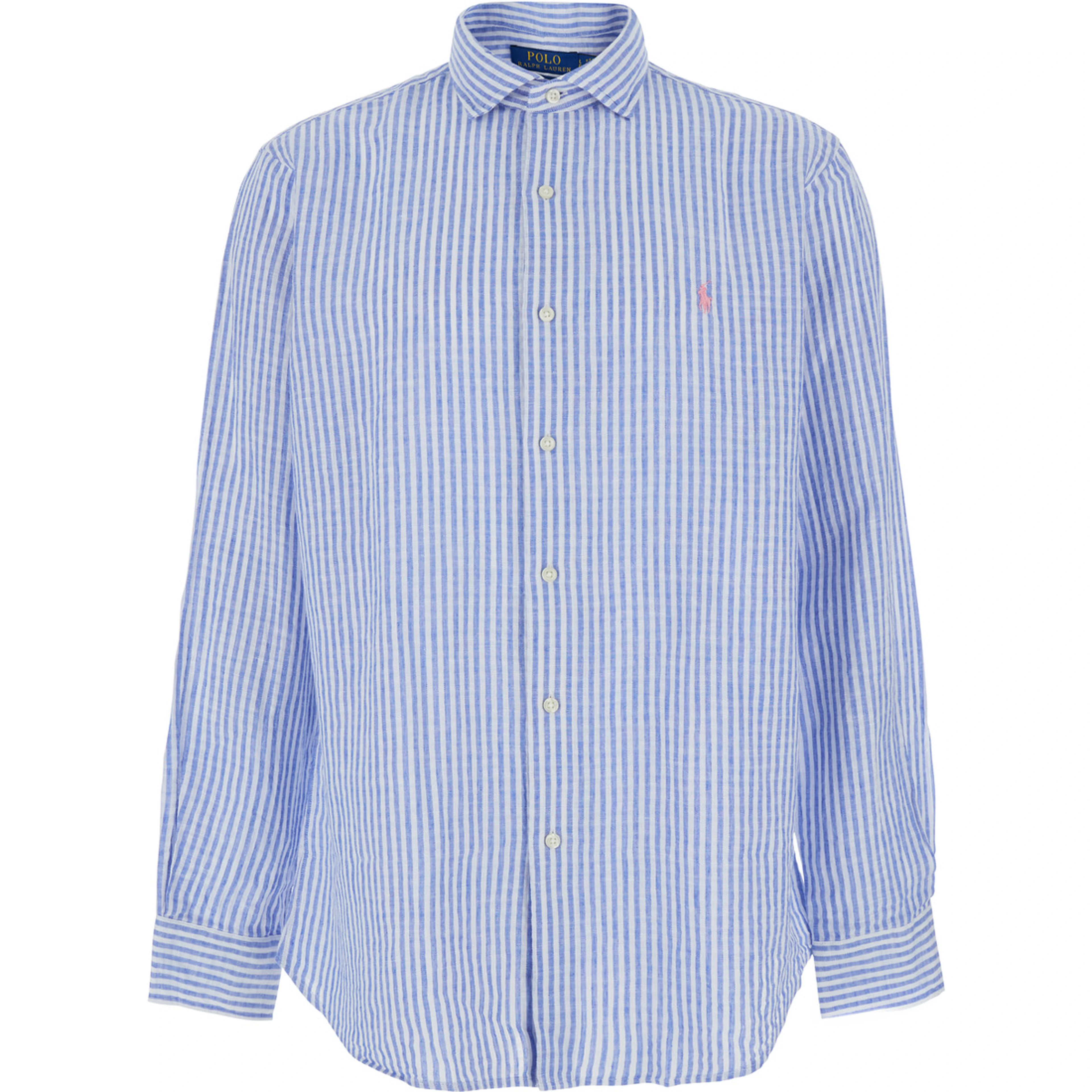 Shirt with all-over striped motif and Pony embroidery on the front in blue linen for men