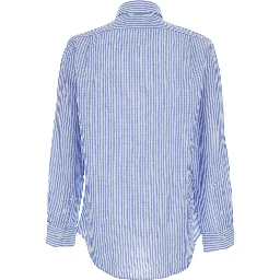 Shirt with all-over striped motif and Pony embroidery on the front in blue linen for men