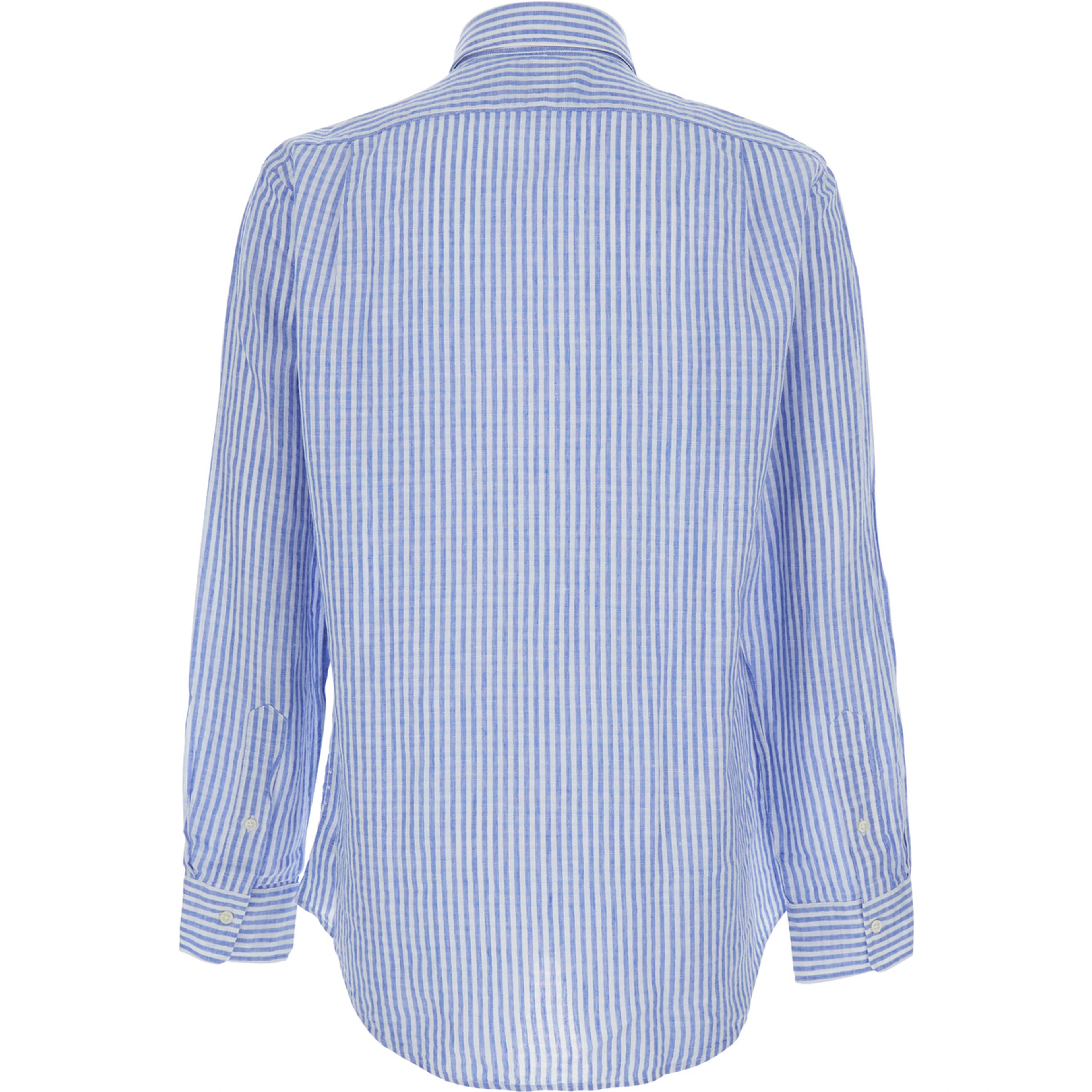 Shirt with all-over striped motif and Pony embroidery on the front in blue linen for men