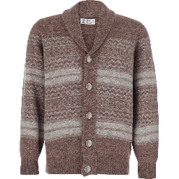 Brown Cardigan with V-neck and striped Motif in wool blend for men