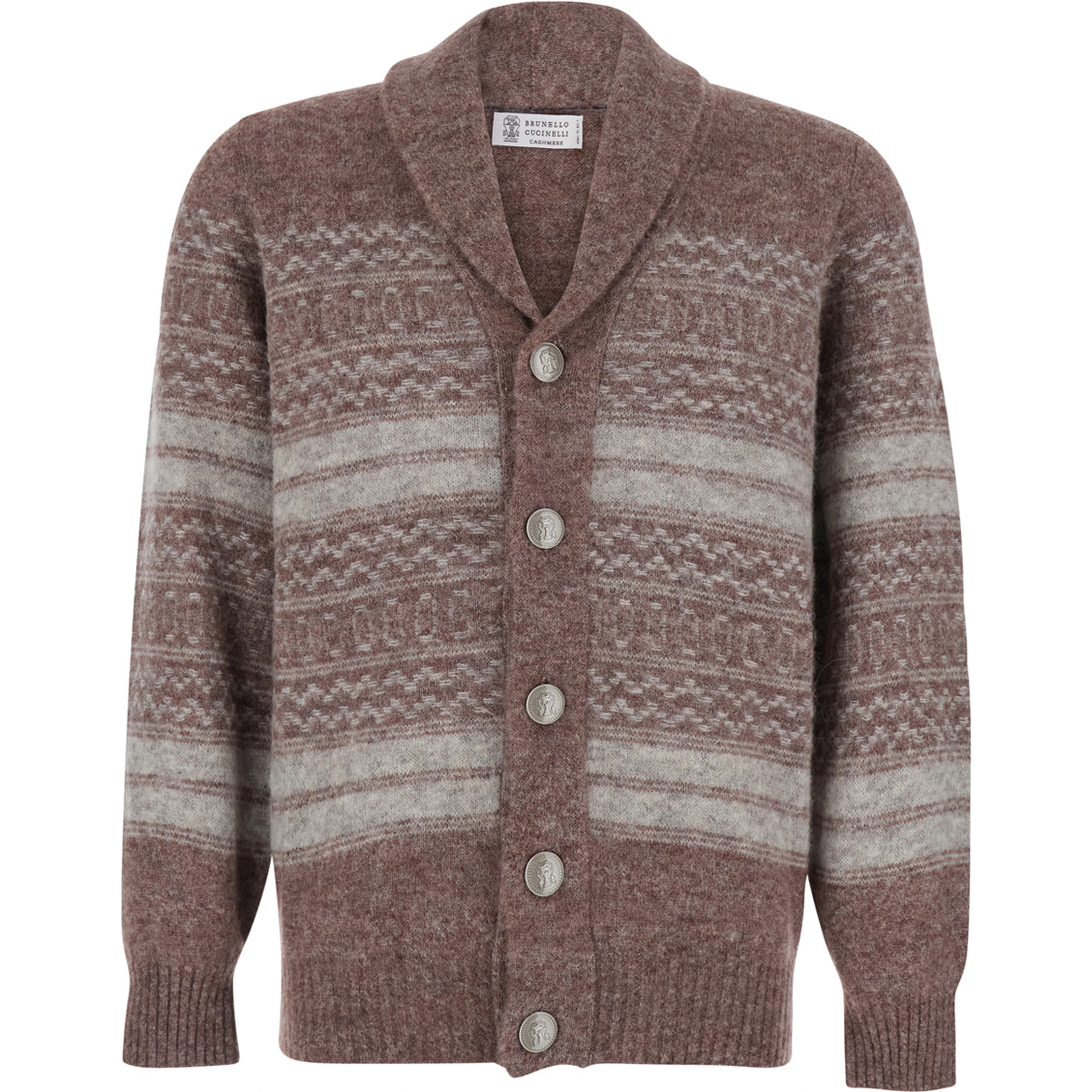 Brown Cardigan with V-neck and striped Motif in wool blend for men
