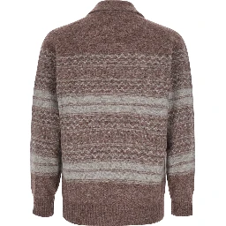 Brown Cardigan with V-neck and striped Motif in wool blend for men