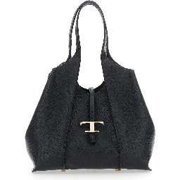 Tote bag with T Timeless Pendant in Black Leather for Women
