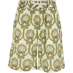 Tapisserie Floreale Green Shorts with Elastic Drawstring Waist and All-Over Print in Linen Blend for Men