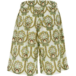 Tapisserie Floreale Green Shorts with Elastic Drawstring Waist and All-Over Print in Linen Blend for Men