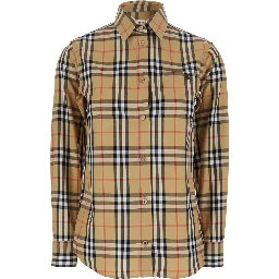Emma Beige Shirt with EKD Embroidery on the Front and All-Over Check Motif in Cotton Woman