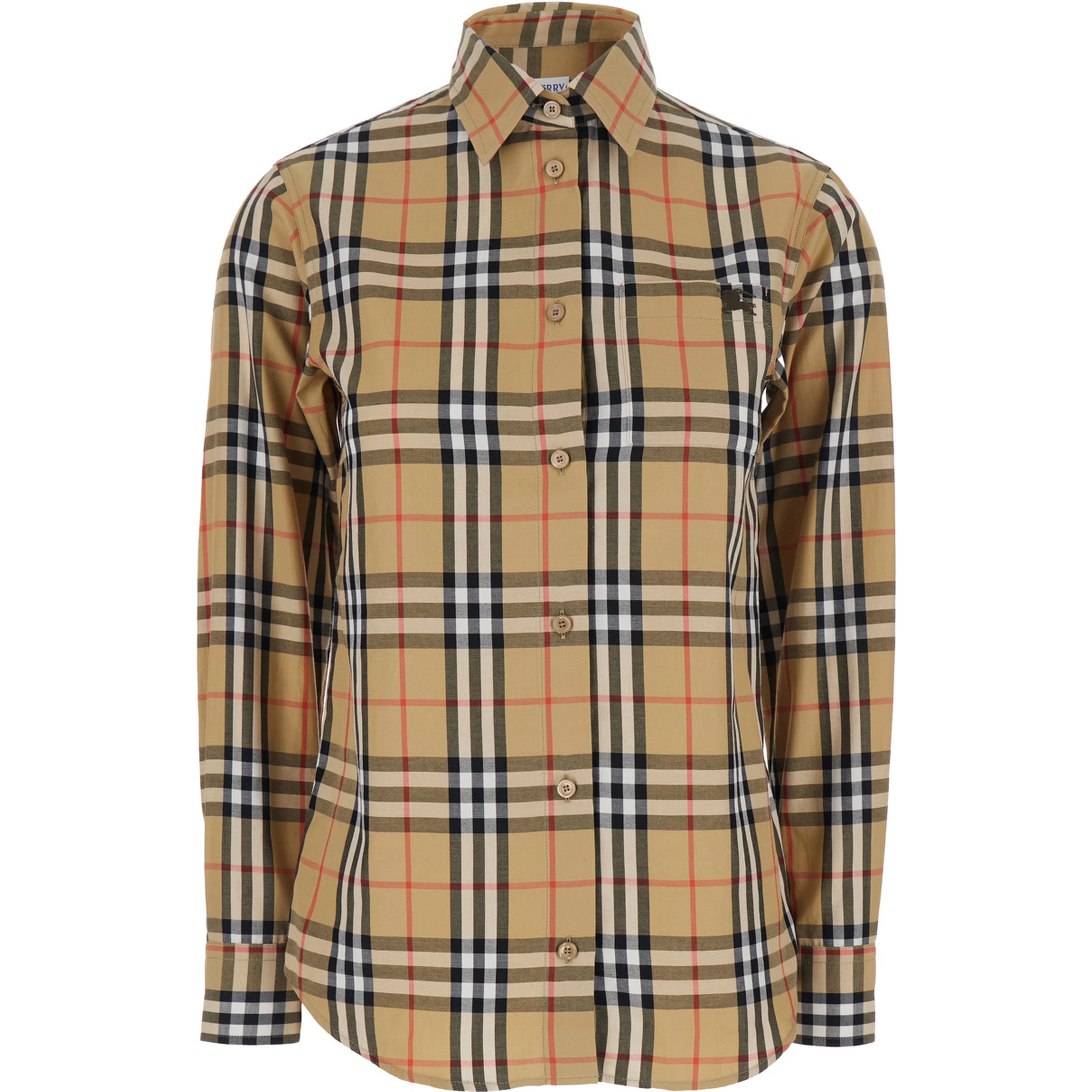 Emma Beige Shirt with EKD Embroidery on the Front and All-Over Check Motif in Cotton Woman