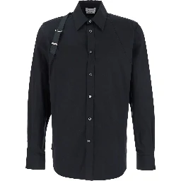 Black Harness Shirt with Classic Collar and Strap Detail on Sleeve in Cotton for Men